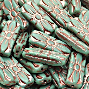 8pcs Czech Pressed Glass Rectangular Beads with Floral Motif 20x8mm Opaque Turquoise Green Bronze Fired Color