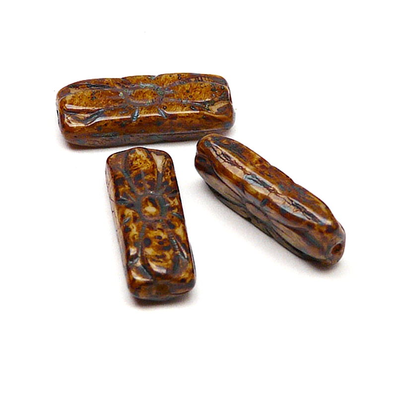 8pcs Czech Pressed Glass Rectangular Beads with Floral Motif 20x8mm Opaque Beige Travertin