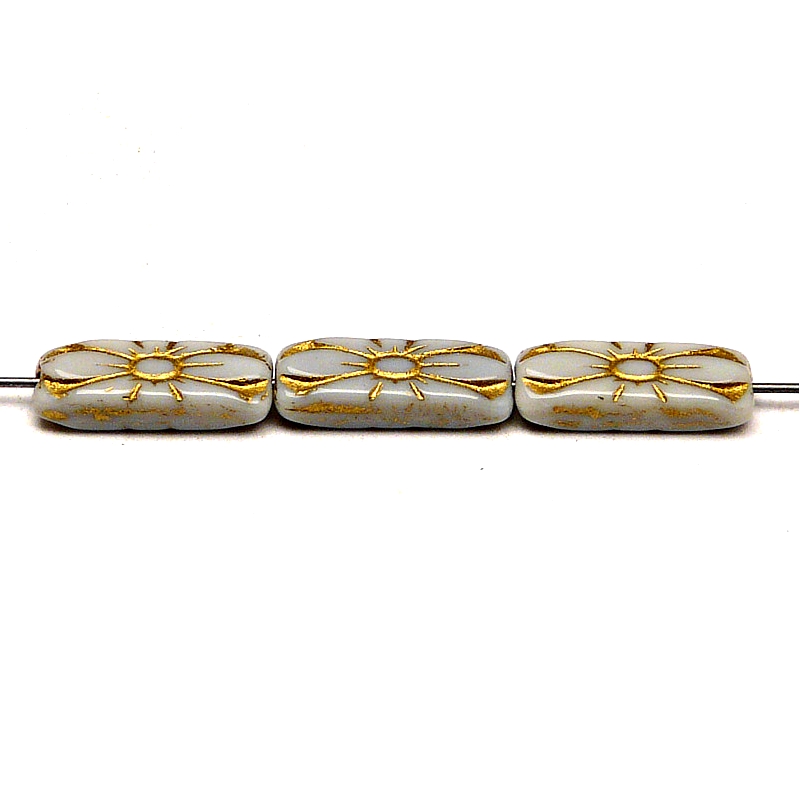 8pcs Czech Pressed Glass Rectangular Beads with Floral Motif 20x8mm Opaque Gray Golden Fired Color