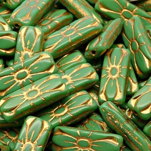 8pcs Czech Pressed Glass Rectangular Beads with Floral Motif 20x8mm Opaque Green Golden Fired Color