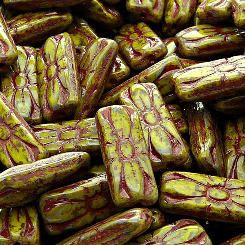 8pcs Czech Pressed Glass Rectangular Beads with Floral Motif 20x8mm Opaque Olivine Travertin Red Fired Color