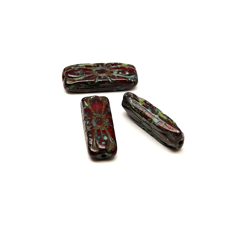 8pcs Czech Pressed Glass Rectangular Beads with Floral Motif 20x8mm Opaque Red Coral Travertin