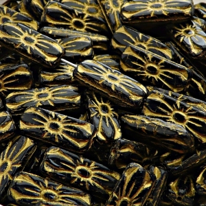 8pcs Czech Pressed Glass Rectangular Beads with Floral Motif 20x8mm Jet Golden Fired Color