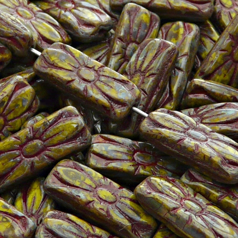 8pcs Czech Pressed Glass Rectangular Beads with Floral Motif 20x8mm Opaque Olivine Travertin Red Fired Color