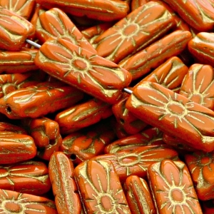 8pcs Czech Pressed Glass Rectangular Beads with Floral Motif 20x8mm Opaque Orange Golden Fired Color