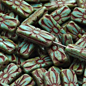 8pcs Czech Pressed Glass Rectangular Beads with Floral Motif 20x8mm Opaque Turquoise Green Travertin Red Fired Color