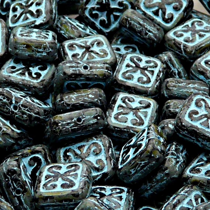 8pcs Czech Pressed Glass Ornamental Rectangle Beads 11x12mm Jet Travertine Aqua Fired Color