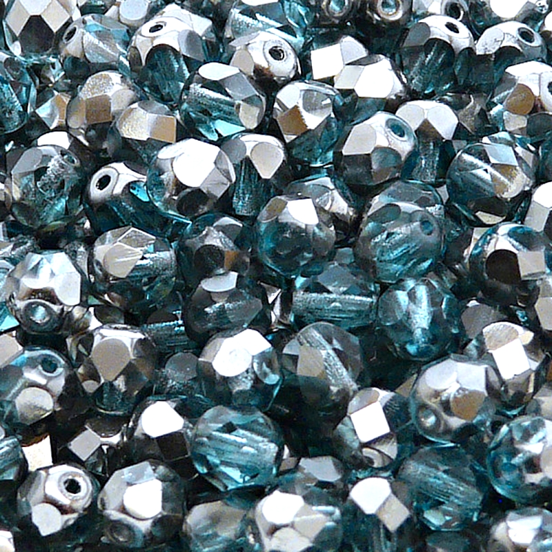 50pcs Czech Fire Polished Faceted Glass Beads Round 6mm Light Aquamarine Chrome