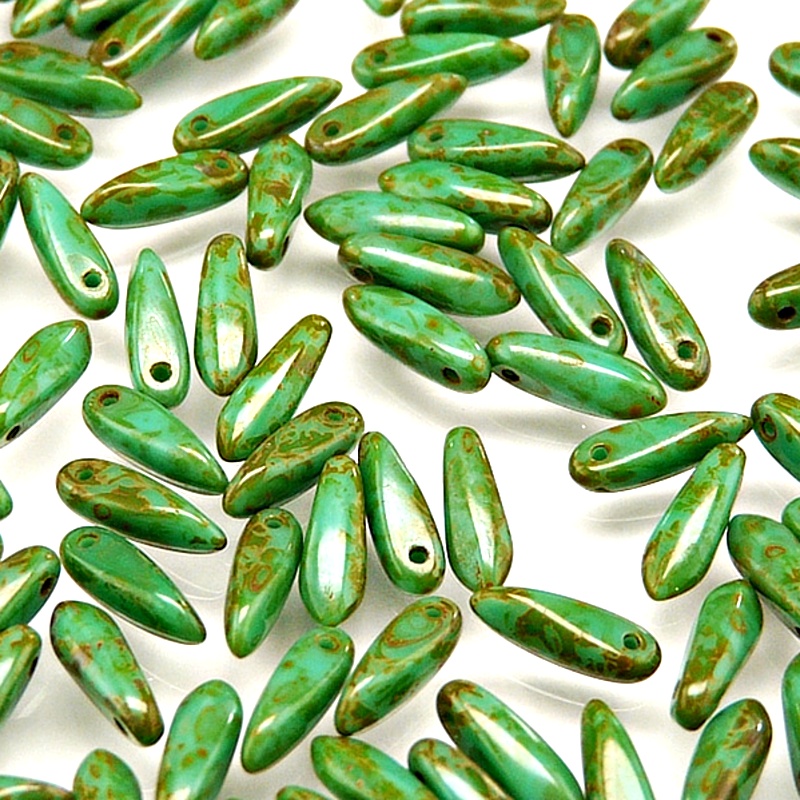 50pcs Czech Pressed Glass Dagger Beads 3x11mm Opaque Turquoise Green Travertin