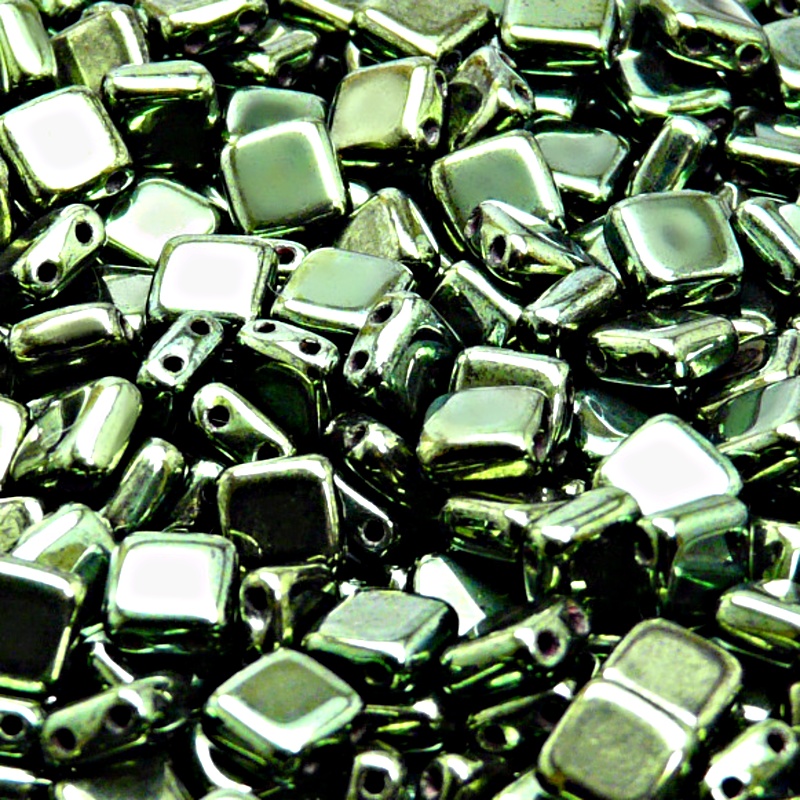 40pcs Czech Two Hole Pressed Glass Tile Beads 6mm Jet Green Look