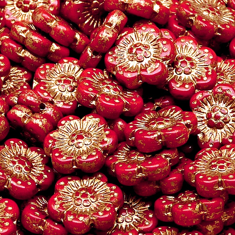 8pcs Czech Pressed Glass Flat Flower Beads 14mm Opaque Red Coral Golden Fired Color