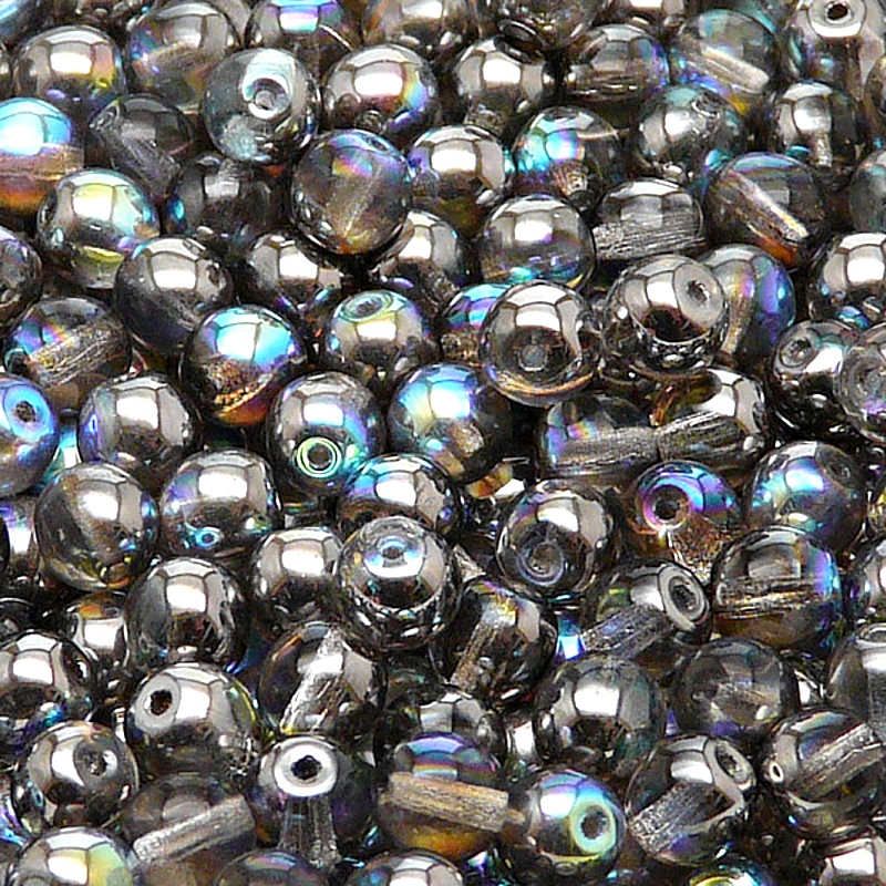 50pcs Czech Pressed Glass Round Beads 6mm Crystal Graphite Rainbow