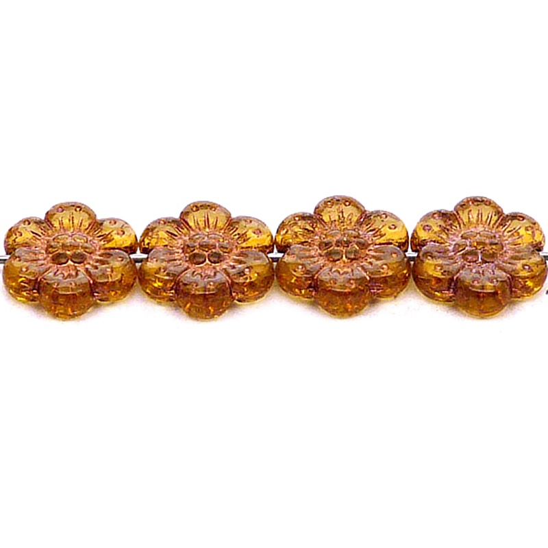8pcs Czech Pressed Glass Flat Flower Beads 14mm Topaz Bronze Fired Color