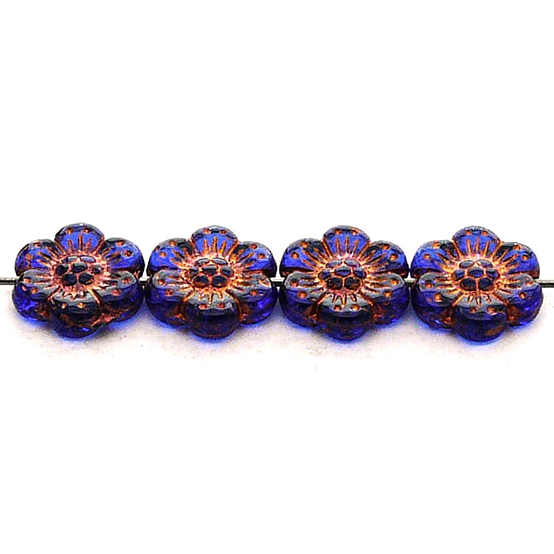 8pcs Czech Pressed Glass Flat Flower Beads 14mm Sapphire Bronze Fired Color