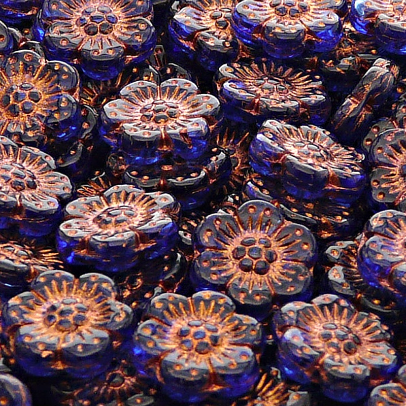 8pcs Czech Pressed Glass Flat Flower Beads 14mm Sapphire Bronze Fired Color