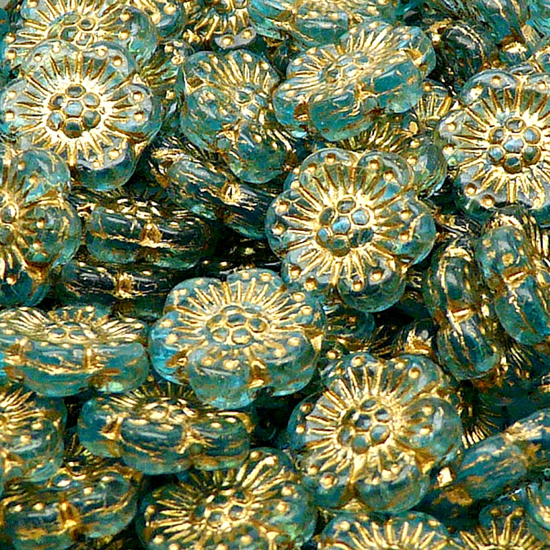 8pcs Czech Pressed Glass Flat Flower Beads 14mm Light Aquamarine Golden Fired Color
