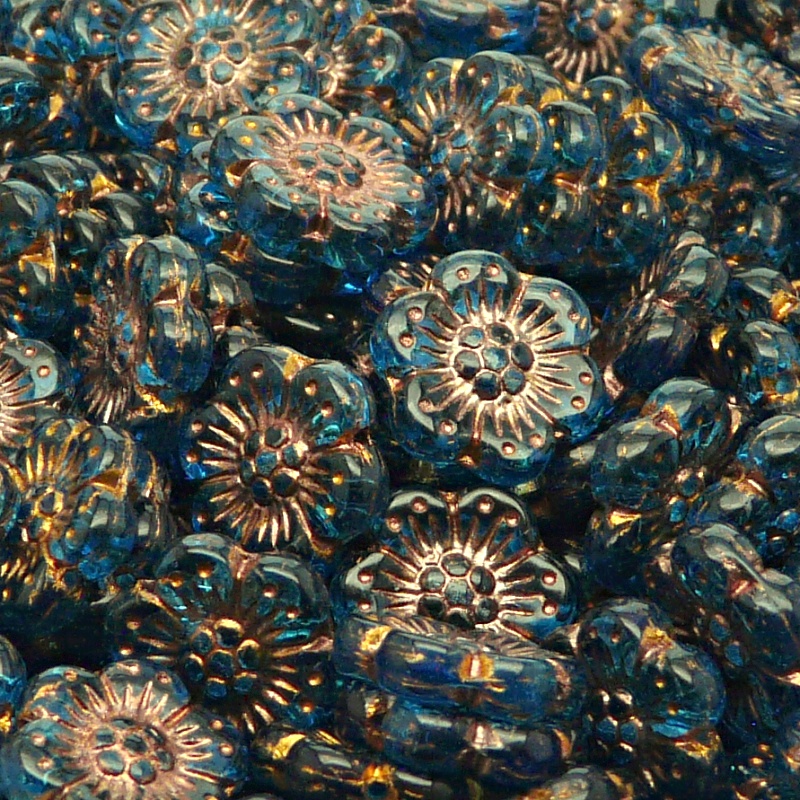 8pcs Czech Pressed Glass Flat Flower Beads 14mm Aquamarine Bronze Fired Color