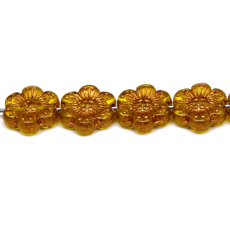 8pcs Czech Pressed Glass Flat Flower Beads 14mm Amber Bronze Fired Color