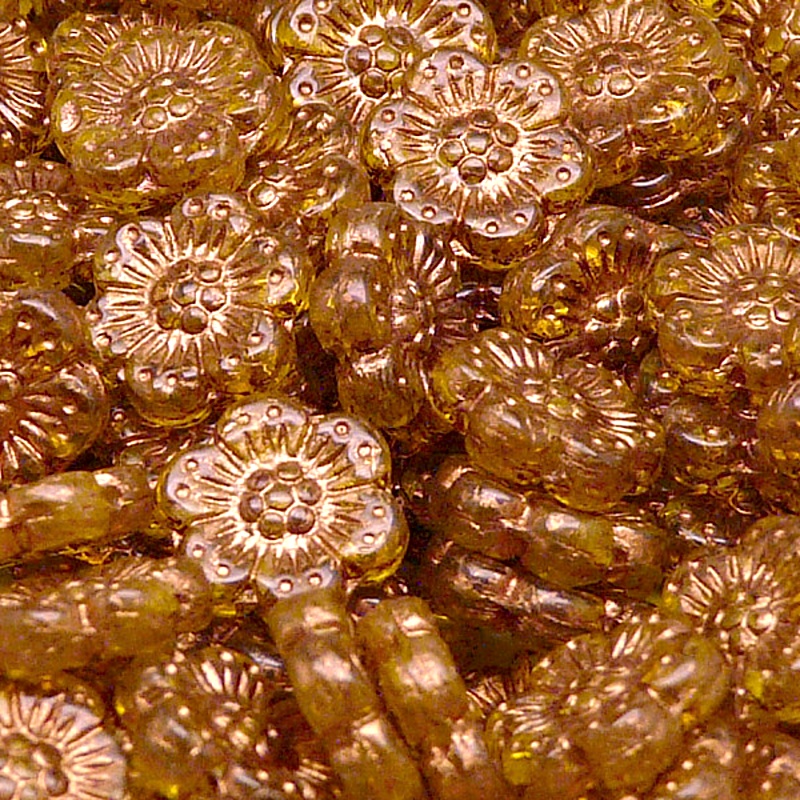 8pcs Czech Pressed Glass Flat Flower Beads 14mm Amber Bronze Fired Color