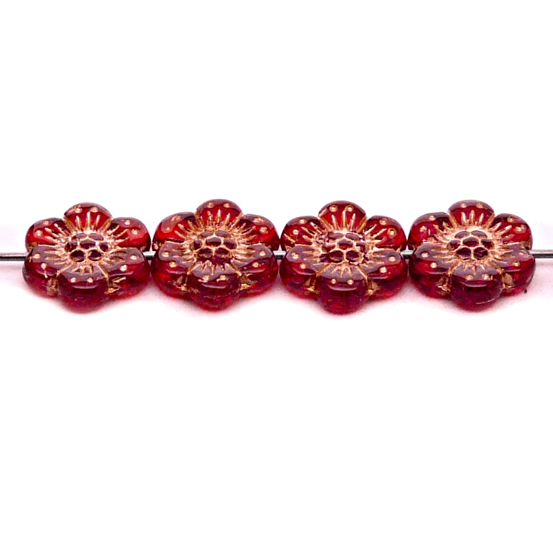 8pcs Czech Pressed Glass Flat Flower Beads 14mm Ruby Bronze Fired Color