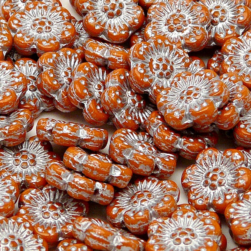 8pcs Czech Pressed Glass Flat Flower Beads 14mm Opaque Orange Silver Fired Color