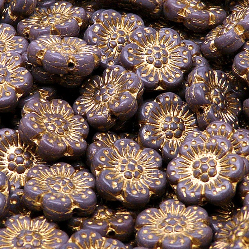 8pcs Czech Pressed Glass Flat Flower Beads 14mm Opaque Amethyst Golden Fired Color