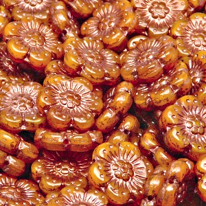 8pcs Czech Pressed Glass Flat Flower Beads 14mm Orange Opal Bronze Fired Color