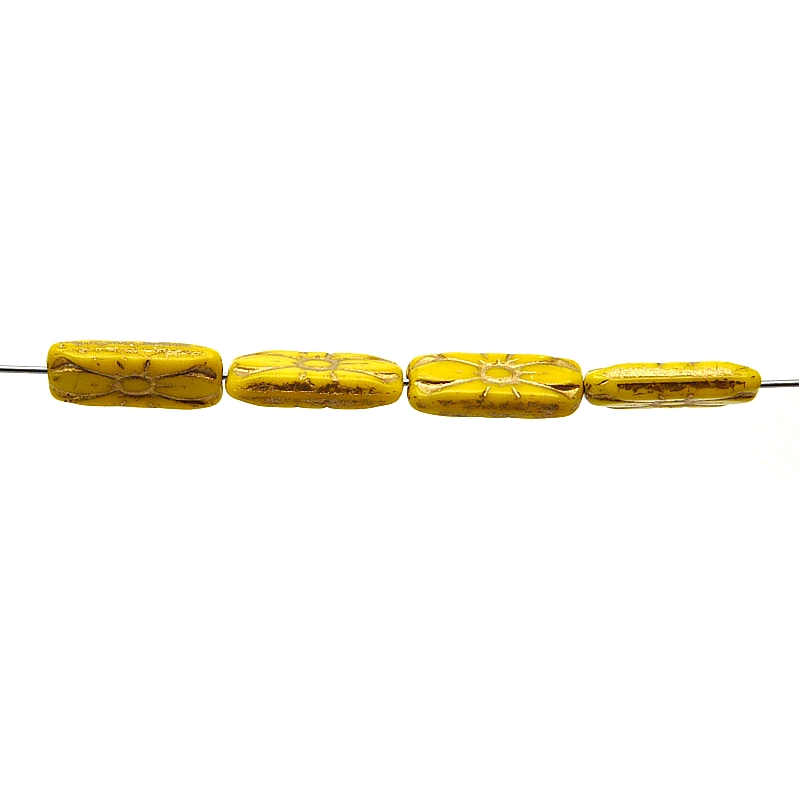 8pcs Czech Pressed Glass Rectangular Beads with Floral Motif 20x8mm Opaque Pink Golden Fired Color
