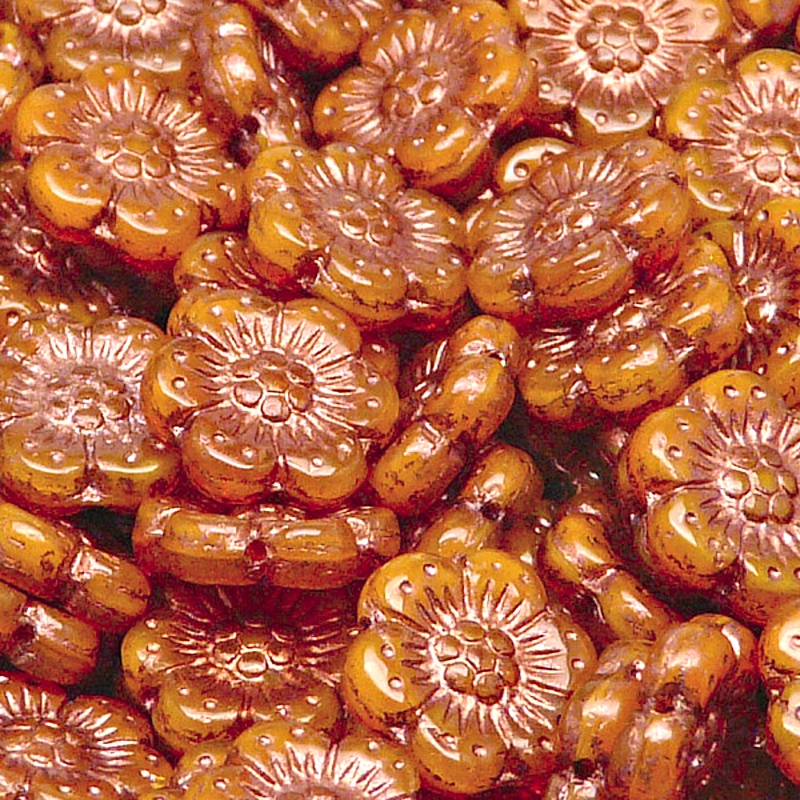 8pcs Czech Pressed Glass Flat Flower Beads 14mm Orange Opal Bronze Fired Color