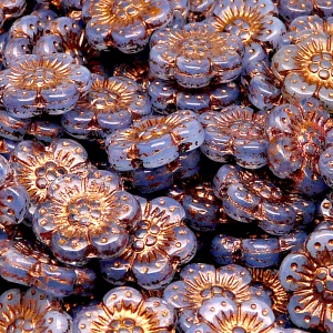 8pcs Czech Pressed Glass Flat Flower Beads 14mm Sapphire Opal Bronze Fired Color